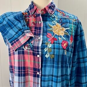Johnny Was Workshop Eliona Western Pearl Snap Mixed Plaid Embroidered Shirt S